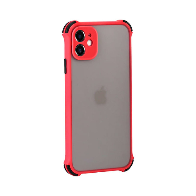 A rugged iPhone case in vibrant red with a clear back and black accents, featuring a logo on the back.