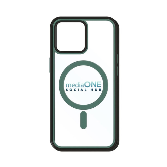 A green and clear phone case with a logo and MagSafe compatibility. Designed for iPhone models.