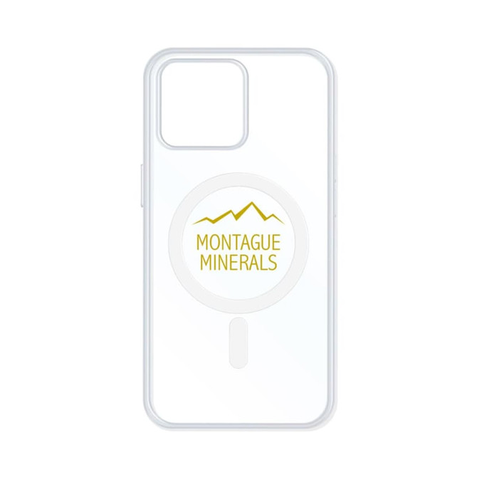 A clear phone case featuring a circular MagSafe attachment and a logo, suitable for iPhone models.