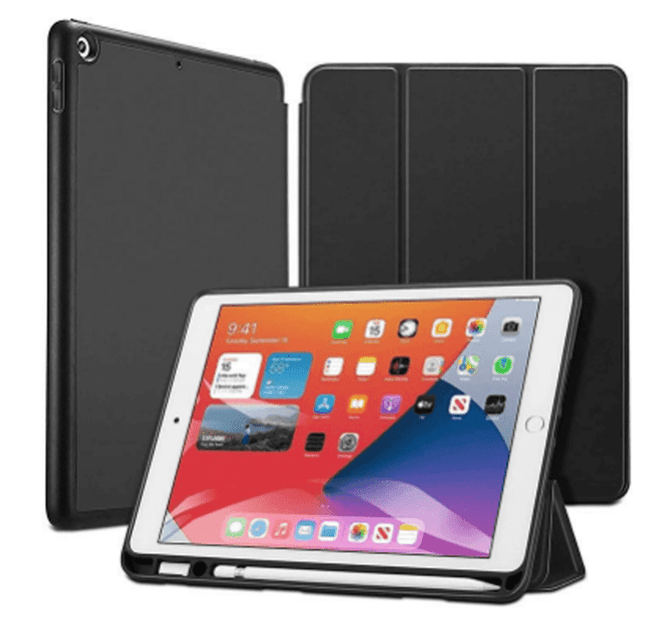 A black iPad case with a foldable front cover, displaying an iPad on a stand and the case partially open.