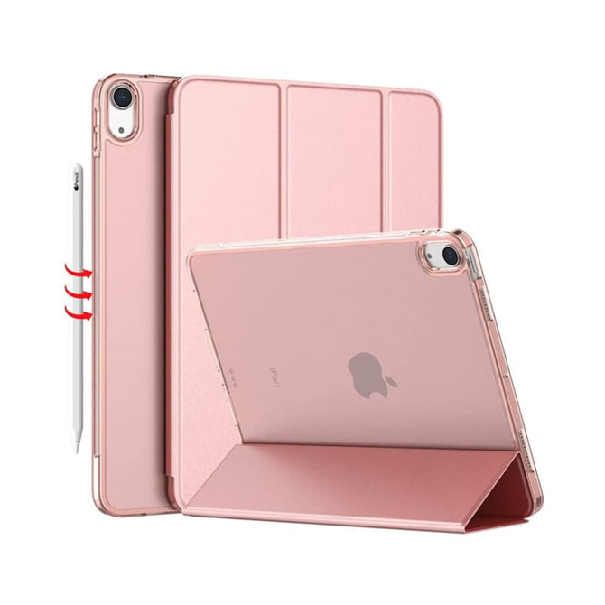 A rose gold iPad case with a foldable cover, featuring a slot for a stylus and a logo on the back.