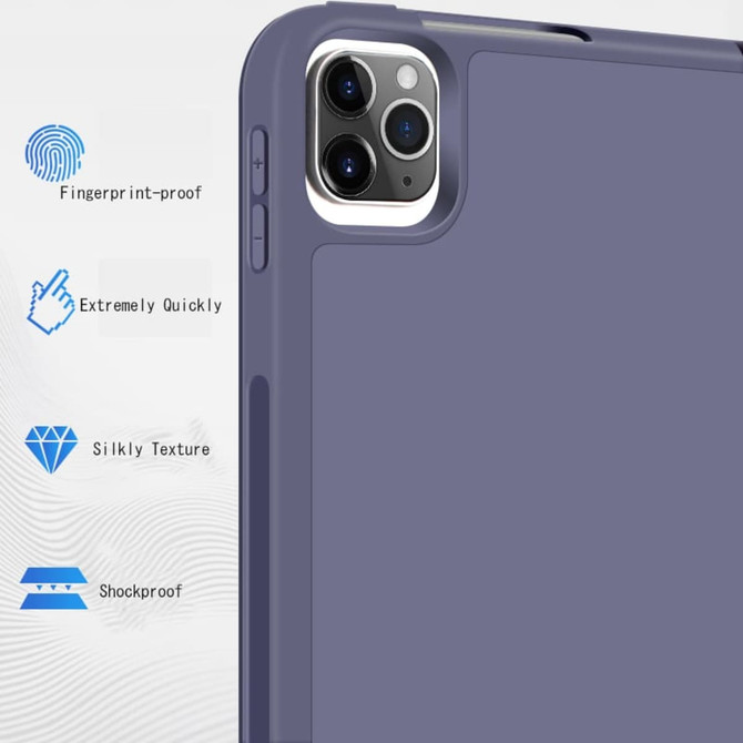 A navy blue iPad case with a sleek design, featuring a logo and textured surface for enhanced grip.