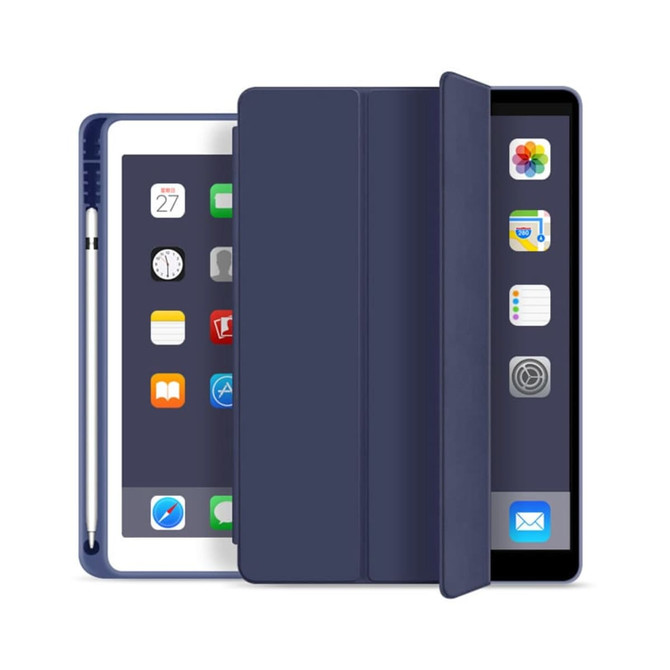 A navy tablet case with a foldable cover, featuring a stylus and open iPad interface.