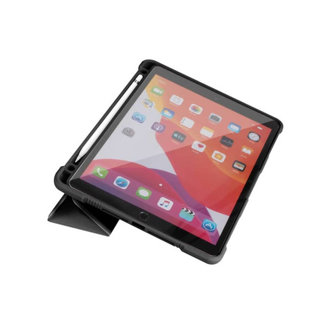 A rugged black iPad case with a built-in stand, featuring an open design and a slot for a stylus.