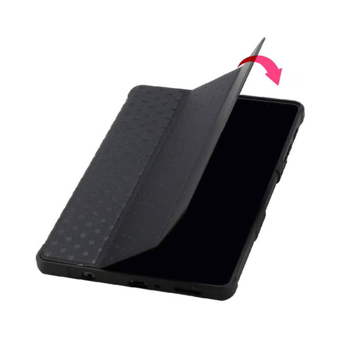 A rugged black iPad case with a textured cover, partially opened to reveal the screen. Features a logo.