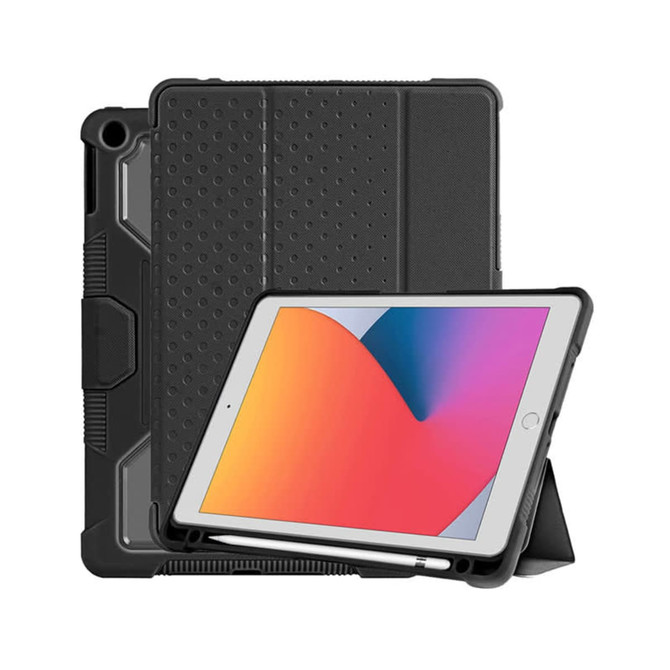 A rugged black iPad case with a textured design and built-in stand. It has a logo on the surface.