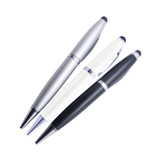 A collection of three stylus USB pens in silver, black, and white, featuring a sleek design and branding.