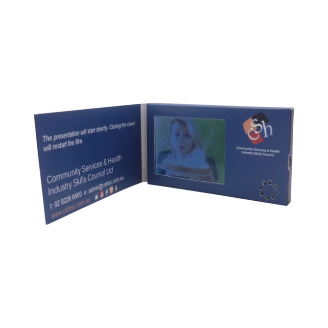 A promotional video catalogue featuring a blue casing and a 2.4-inch LCD screen. It includes a logo and an open cover.