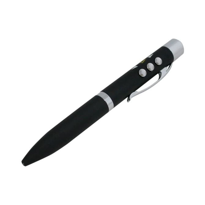 A metal pen with a black body and silver accents, featuring buttons and a clip for easy attachment.