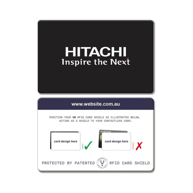 A black RFID Card Shield with a logo and instructions on one side and white design elements on the other.