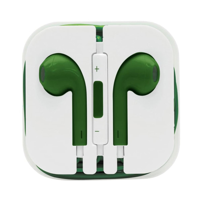 Green Razor Cabled Earphones displayed in a white packaging, with a cable and control in the centre.