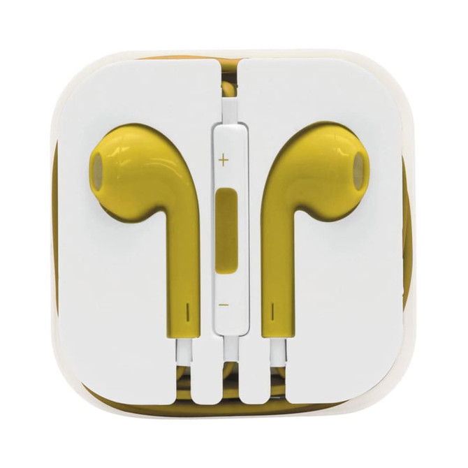 Yellow Razor Cabled Earphones neatly packaged in a white case, featuring a control slider in the middle.