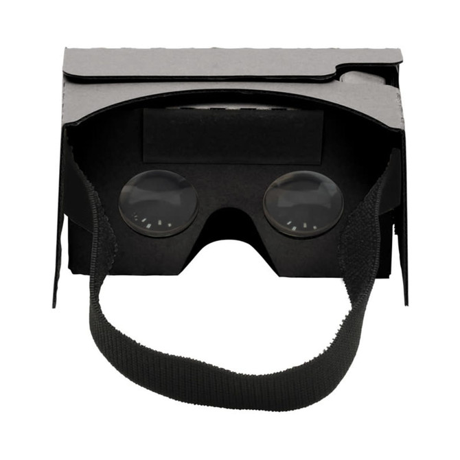 A pair of black virtual reality glasses with a secure strap and lenses visible inside.