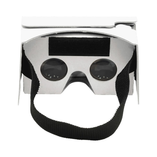 A pair of white virtual reality glasses with black lenses and a black adjustable strap.