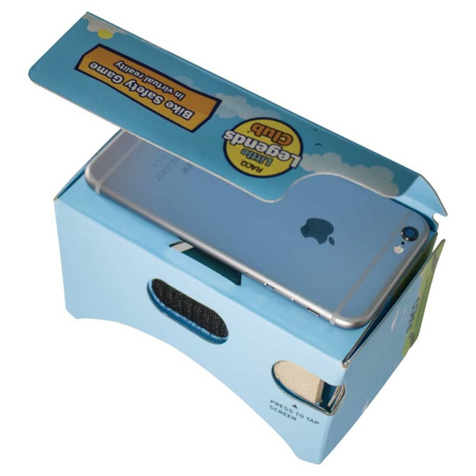 A blue box containing virtual reality glasses, with an open lid and a smartphone visible inside.
