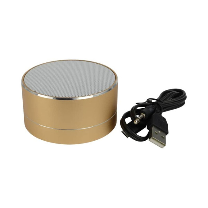 A gold Bluetooth speaker with a silver mesh top and included USB and auxiliary cables.