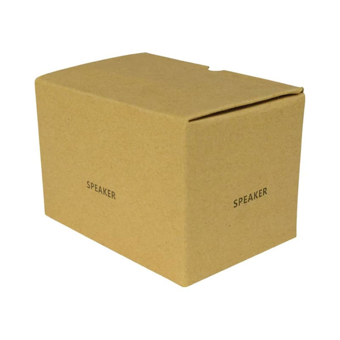 A brown cardboard box labelled 'SPEAKER', featuring a simple design without any logos or branding.