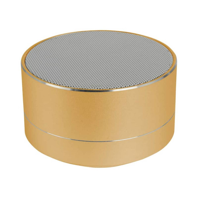 A gold Bluetooth speaker with a grey mesh grille on top, featuring a sleek, cylindrical design.