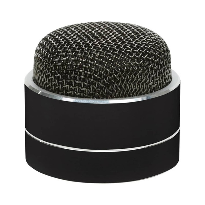 A compact Bluetooth speaker featuring a black cylindrical base and a textured black mesh top. It includes a logo.