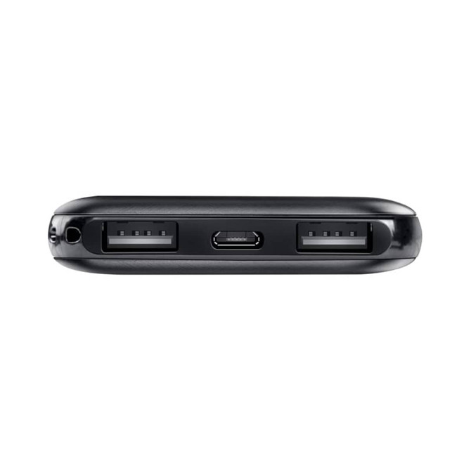A black power bank featuring dual USB ports and a micro USB input, ideal for portable charging.
