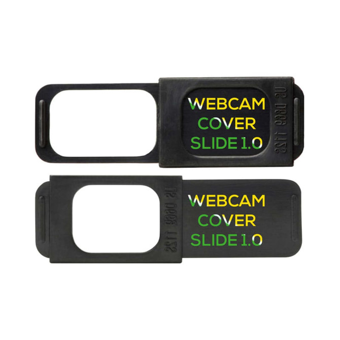 A black webcam cover slide with a rectangular opening, featuring a logo and text in green and yellow.