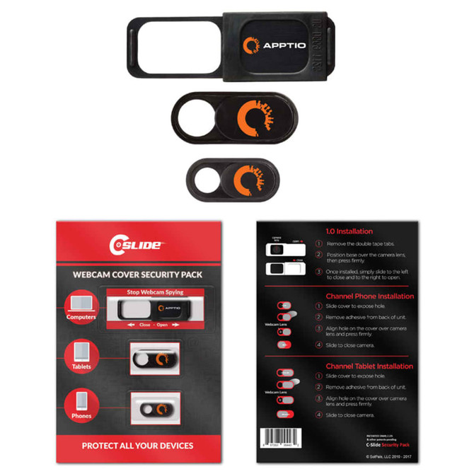 A webcam security cover pack featuring black devices for computers and phones, including installation instructions.