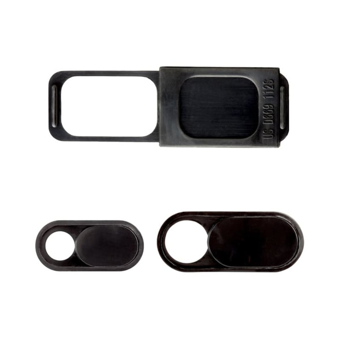 A set of three black webcam covers in varying sizes, featuring a sleek design. Each cover has a logo.