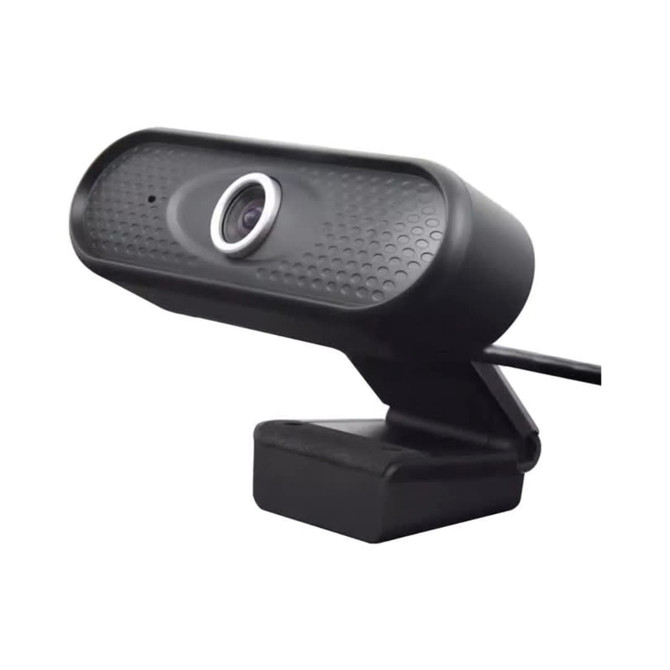A black webcam camera with a circular lens and textured design, mounted on a swivel base.