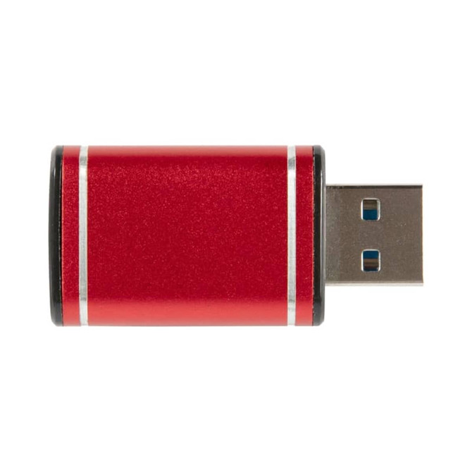 A red USB data blocker with metallic accents and a USB 3.0 connector. It features a sleek, cylindrical design.
