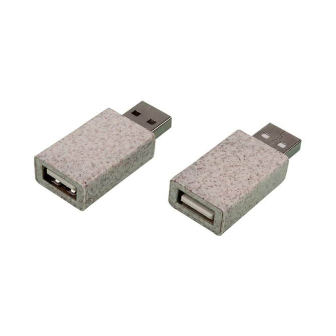 A USB data blocker made from eco-friendly wheat straw, featuring a beige and speckled design, with a logo.