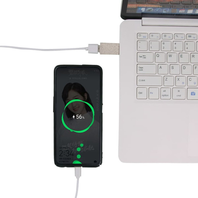 A USB data blocker in wheat straw connects a smartphone to a laptop, displaying the phone's charging status.