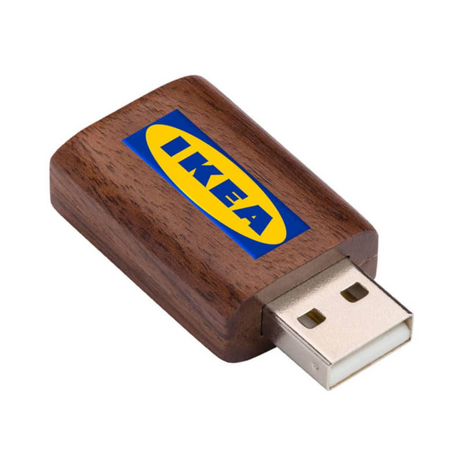 A USB data blocker with a wooden finish and a logo. It has a standard USB connector.