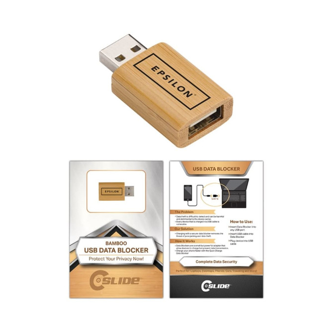A wooden USB data blocker with a bamboo finish and a logo, packaged with an instructional card.