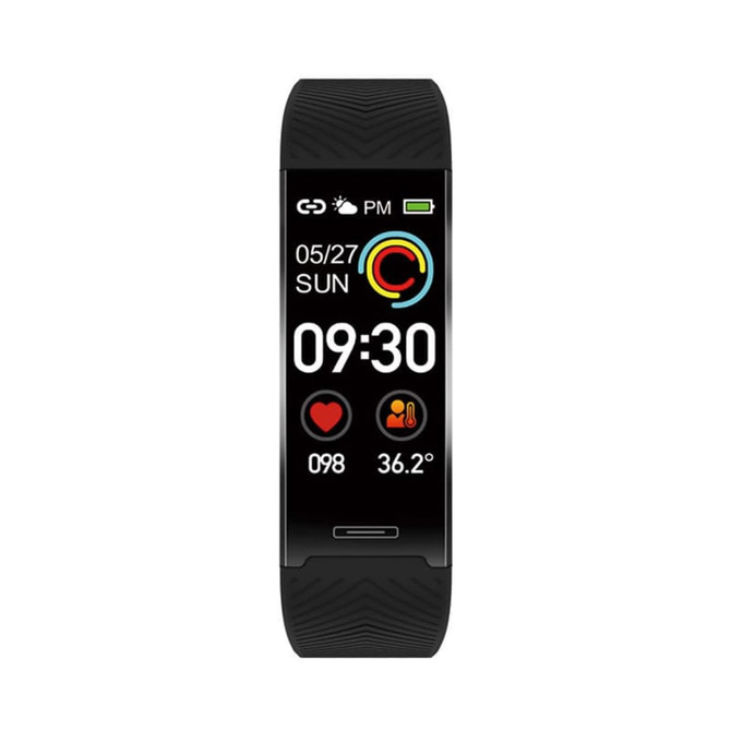A black smart band with a digital display showing time, heart rate, and temperature, featuring a logo on the side.