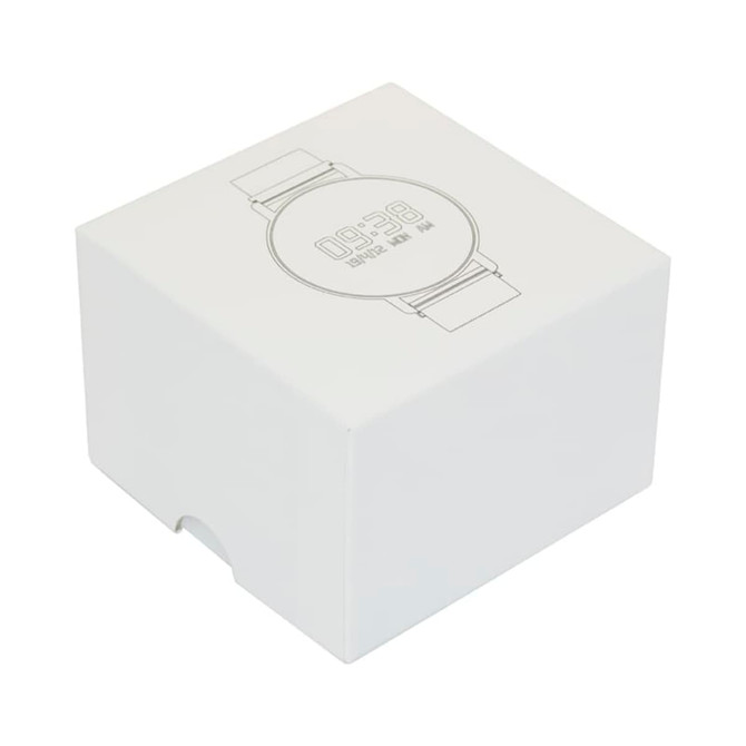 A white gift box for pen packaging, featuring minimalist design elements and a logo.