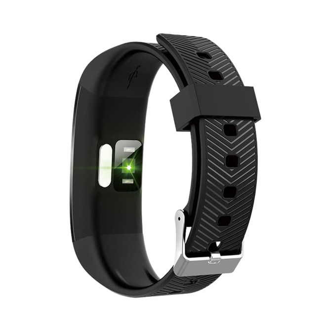 A black smart band with a textured strap, featuring a sensor on the underside and a metallic clasp.