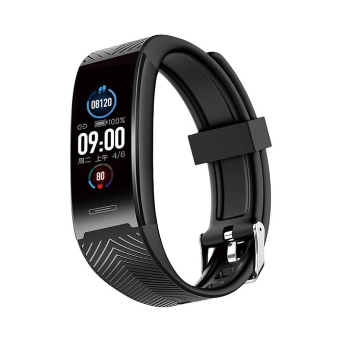 A black smart band with a sleek design, featuring a digital display and a patterned strap, including a logo.