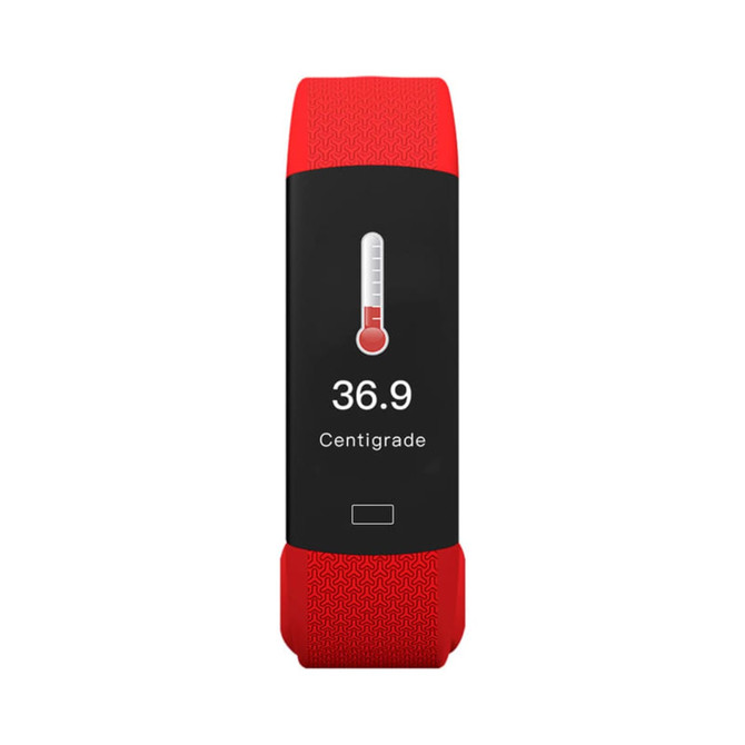 A red Kelvin Smart Band with a black display showing a temperature reading and a thermometer icon.