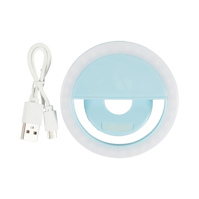 A circular blue LED selfie light with a USB charging cable. It features a smiling face design.
