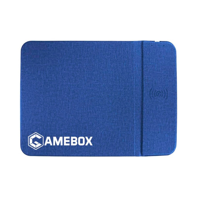 A blue wireless charging mouse pad with a textured surface and a logo in one corner.