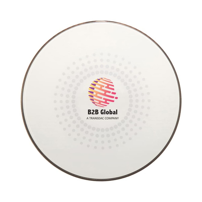 A round wireless charger in white with a colourful logo at the centre and a sleek design. A round wireless charger in white with a colourful logo at the centre and a sleek design.