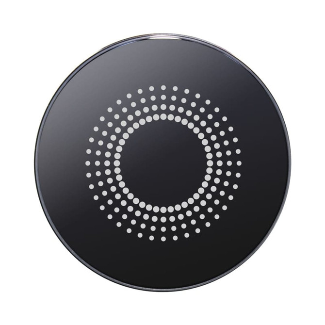 A circular black wireless charger with a textured dotted design and a logo in the centre. A circular black wireless charger with a textured dotted design and a logo in the centre.