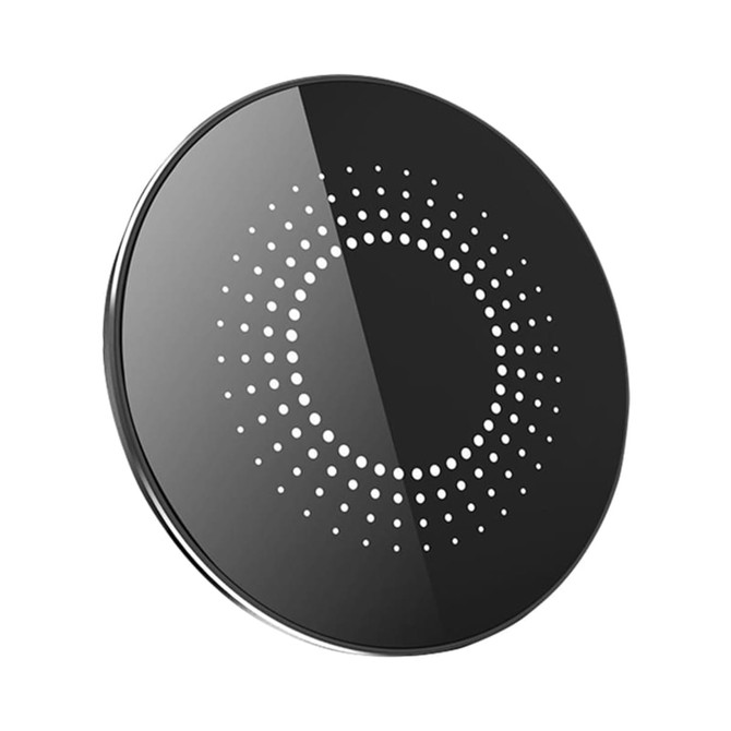 A black wireless charger with a circular design and a dotted pattern, featuring a reflective surface. A black wireless charger with a circular design and a dotted pattern, featuring a reflective surface.