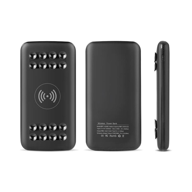 A black wireless power bank with a textured surface and charging indicator, featuring a logo on one side.