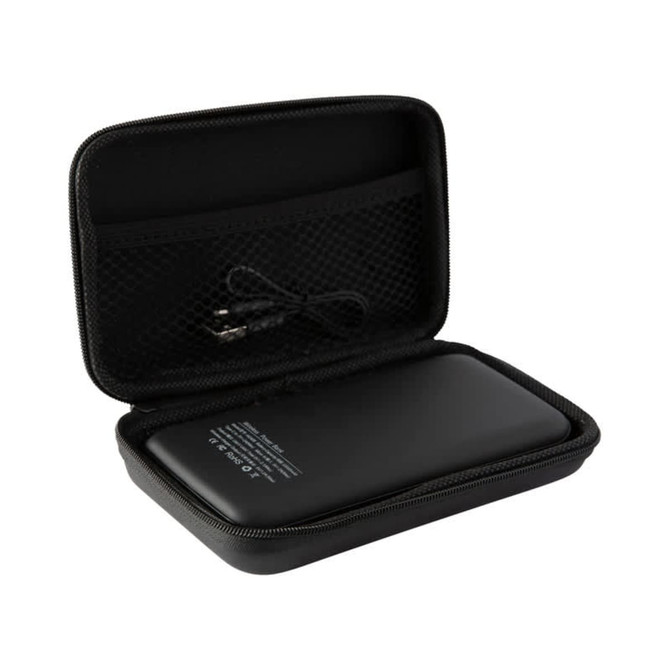 A black wireless power bank with an 8000 mAh capacity inside a protective case, featuring a pocket for accessories.