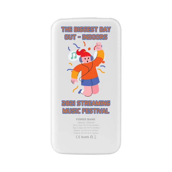 A white power bank featuring colourful illustrations and a logo, with a capacity of 10,000 mAh.