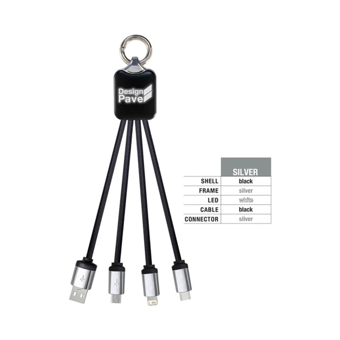A charging cable in black and silver, featuring multiple connectors and a keyring attachment. It has a logo on the shell.