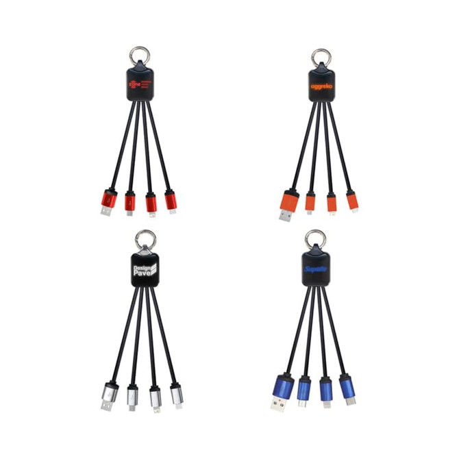 A collection of multi-charging cables in red, black, and blue, featuring keychain attachments and various connector types.