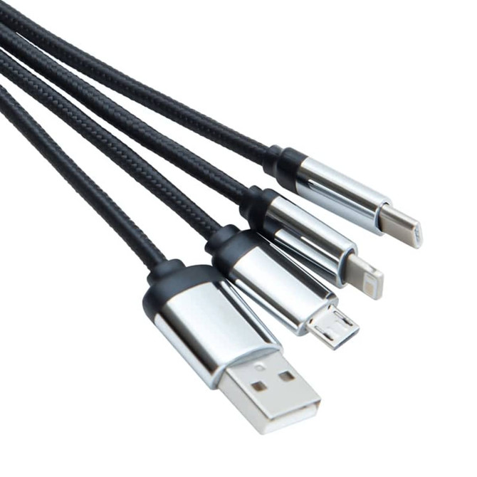A charging cable in black with three connectors: USB, Lightning, and micro USB. It features a silver metallic design.