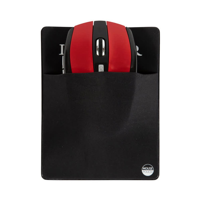 A red computer mouse tucked into a black pouch with a logo, set against a white background.